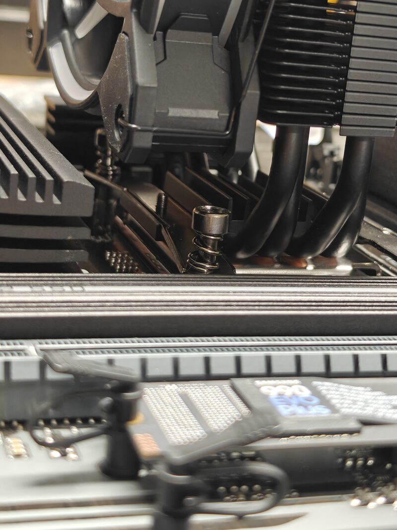 Detail shot of PC build cooling and SSD installation